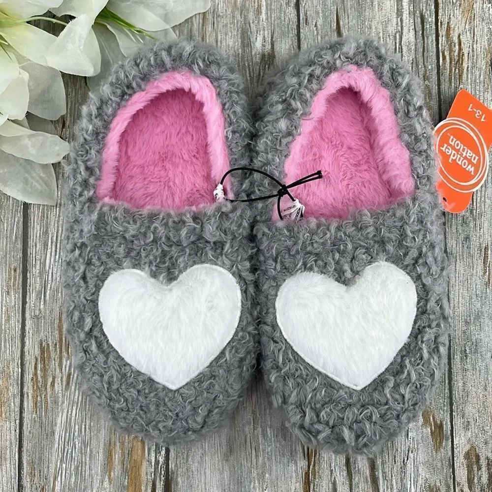 Little Girls Sherpa Faux Fur Fuzzy Heart Slippers Shoes Size 13/1